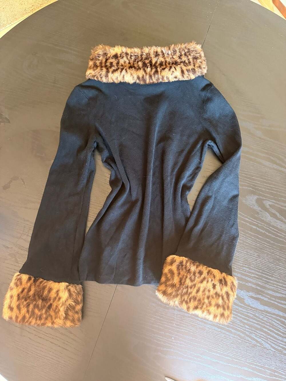 INC International Concepts Leopard Faux Fur Trim Ribbed Sweater
